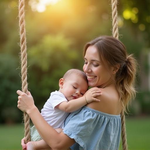 Smiling young mother holds sleeping baby on her shoulder in a garden swing. Cozy summer light enhances peaceful mood. Image has soft focus.