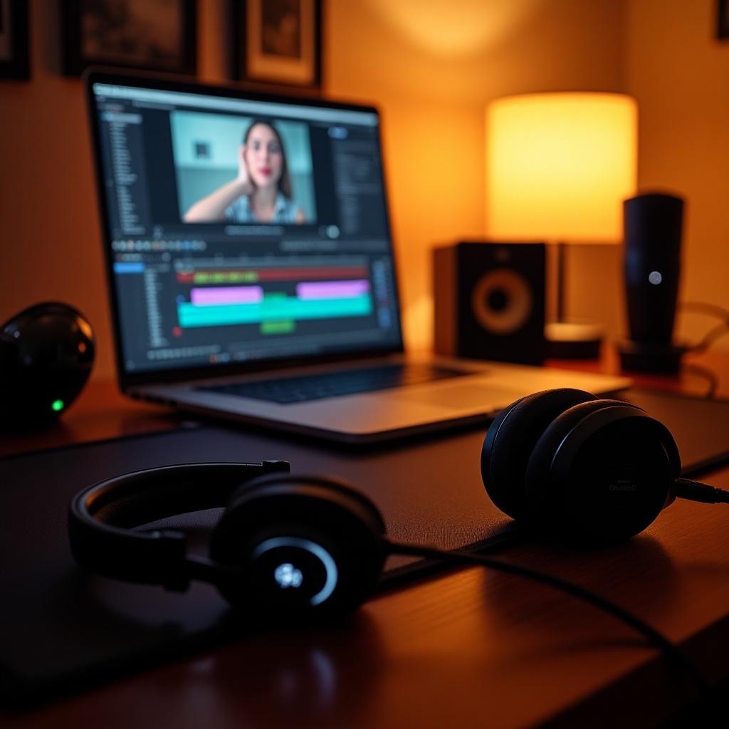 A cozy workspace with a sleek desk setup is displayed. A laptop shows video editing software open on its screen. Next to it, a microphone rests on the side. Headphones are placed on the table, enhancing the creative vibe. The room is softly illuminated with warm ambient lighting, contributing to a productive atmosphere. This scene invites creativity and focus, making it ideal for content creators and freelancers.