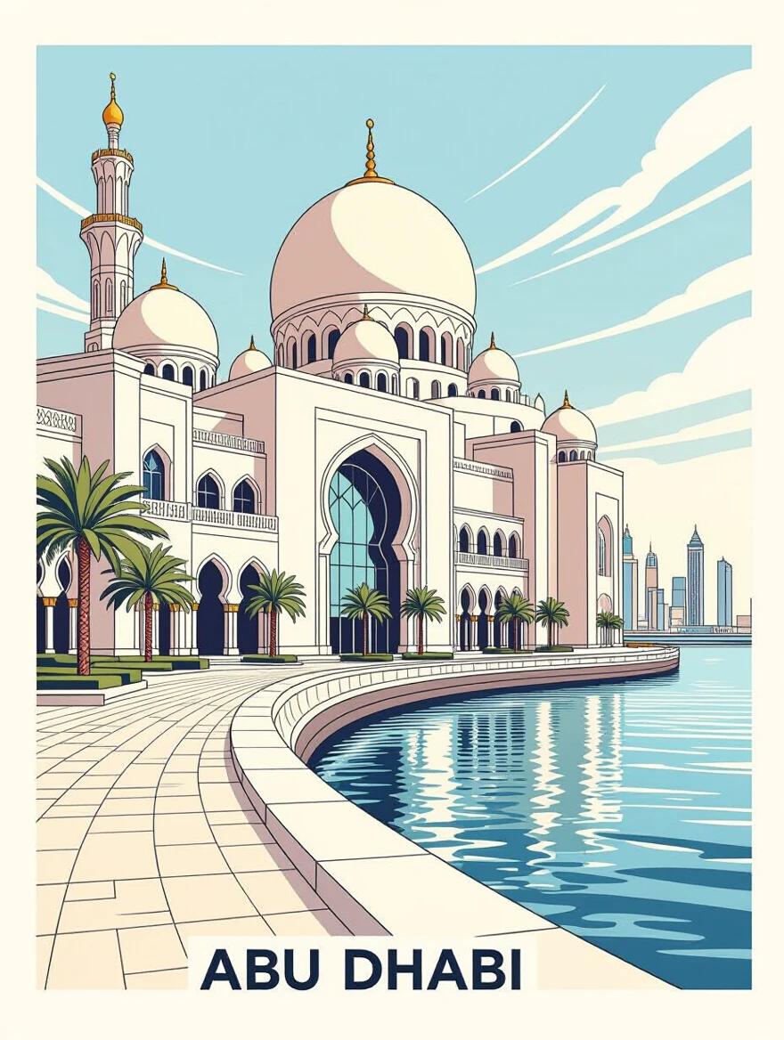 Poster design in line art style features the architectural lines of Abu Dhabi Corniche. Focus on curves and angles of buildings by the water. Single bold color on light background used effectively.