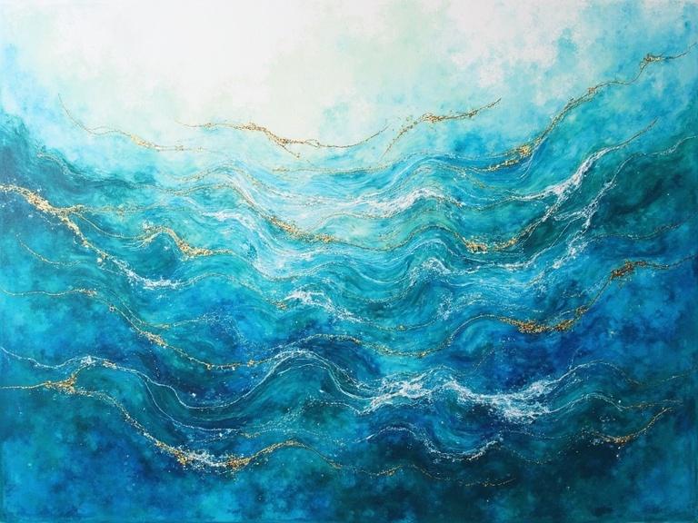 Blue crystal ocean depicted with metallic traces. Waves are enhanced with heavy strokes. Mixed media includes spray paint. Ultradetail in the textures. Several mediums combined including acrylic and oil. Colors include green blue turquoise mint and white.