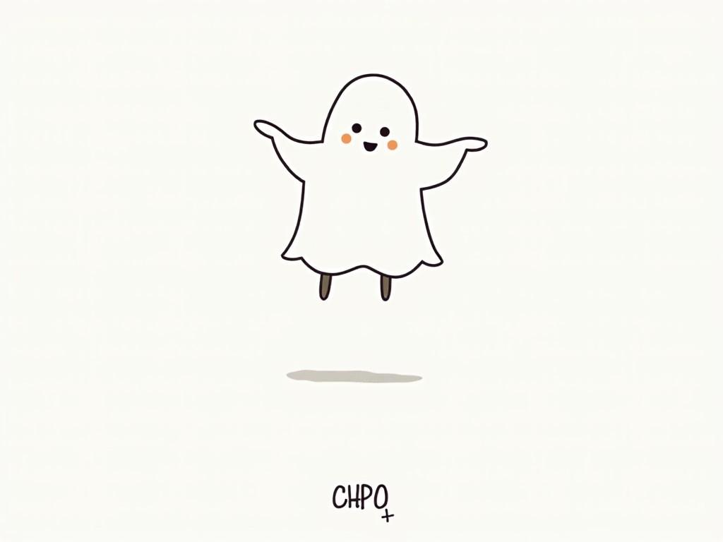 The image shows a stylized ghost-like figure with a simple, geometric design. The figure has a smiling face and is wearing a flowing white sheet. The arms of the figure are extended as it hovers. The background is plain, enhancing the ghostly appearance. The overall feel is playful and cartoonish, suitable for a lighthearted Halloween theme.