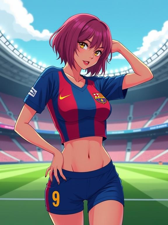 Digital anime artwork featuring a young female character with short dark pink hair and golden eyes. Character wears a form-fitting Barcelona soccer jersey and blue athletic shorts. Strikes a flirtatious pose in a professional stadium with green pitch and modern lighting.