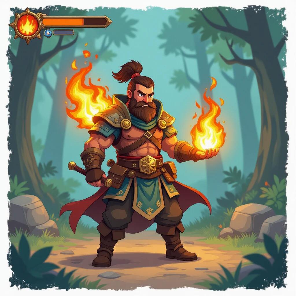 Fantasy warrior character showcasing fire elemental powers. Character stands in an isometric position with a magical fire aura. The design features a detailed and colorful 2D style. Background consists of a mystical forest environment with trees and rocks.