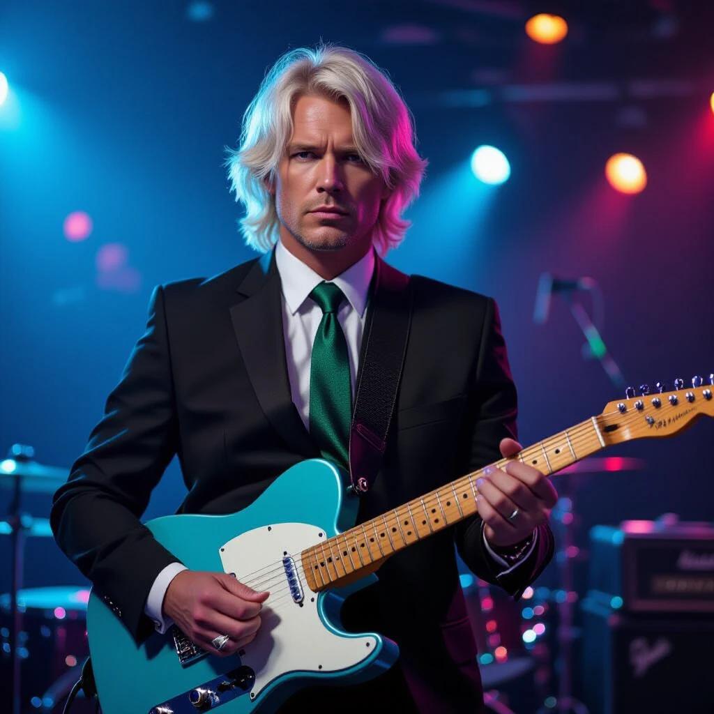 Image features a guitarist holding a shining blue Fender Telecaster. Guitarist has platinum blond hair and is dressed in a black suit with a green tie. The background shows an empty disco club with dynamic lighting.