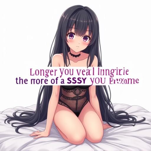 Anime-style illustration of a woman with long dark hair in black lace lingerie. She is posed on a white bed with rumpled sheets. The character has large expressive anime eyes and a neutral expression. Text appears in pink and purple colors on a semi-transparent white background.