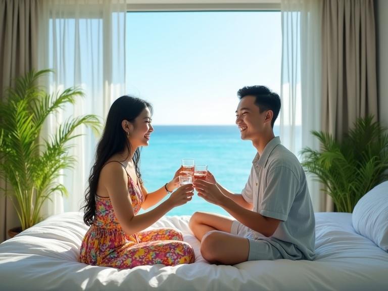 Young Asian couple sitting on the bed in a hotel. They are smiling happily. The girl wears a colorful dress. The boy wears a vacation short-sleeved shirt and shorts. They hold cups in a toasting pose. The hotel window shows a sea view. The hotel interior is decorated with plants. It's daytime with natural light and bright sunshine. The scene gives a cool feeling. Blue is the main color with high saturation. Bright frontal view, portrait photography style, high-definition, realistic photography. Aspect ratio 16:9.