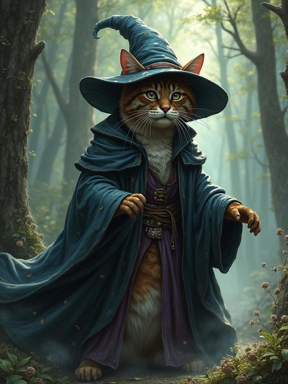 A skilled magician cat stands in an enchanting forest. The cat is clad in a deep blue robe and a tall, pointed wizard hat. Surrounding trees emit a mystical light creating a magical atmosphere. The wizard has a knowledgeable pose with outstretched paws as if casting a spell.