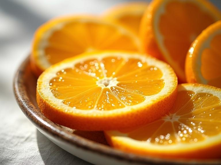 Macro photograph of juicy orange slices. Glistening with droplets of citrus juice. Freshly cut and arranged on a rustic ceramic plate. Isolated on a white linen background. Soft natural daylight from left. Vivid saturation and sharp textures.
