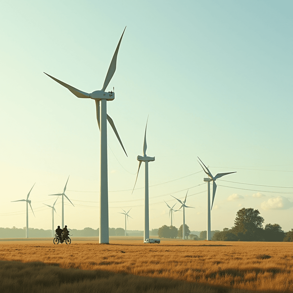 The image showcases a picturesque landscape dominated by a row of wind turbines standing tall against a serene sky. The scene is set during what appears to be golden hour, as the warm glow bathes the landscape in soft hues. The turbines, gleaming white, are spread across a vast field covered with dry grass, swaying gently in the breeze.

In the foreground, two individuals are riding bicycles side by side along a dirt path, adding a dynamic element to the otherwise peaceful setting. The turbines’ blades seem to be in perfect harmony with the slow, steady pace of the cyclists. There is also a small vehicle, possibly a van or truck, parked on the trail near the turbines, emphasizing the scale of these towering structures.

In the distance, the open field is bordered by trees, and the sky is filled with light, fluffy clouds, completing this idyllic rural scene. The image captures a harmonious blend of human activity and renewable energy technology in a natural setting.