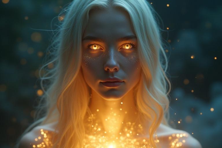 Cinematic portrait of a genderless person with serene face. Luminous eyes radiate timeless wisdom. Golden light emanates from the center of the chest. Background features diffuse galaxy with glowing particles. Deep blue and gold palette. Photorealistic style inspired by Alex Grey and Cameron Gray. Ethereal and transcendental atmosphere.