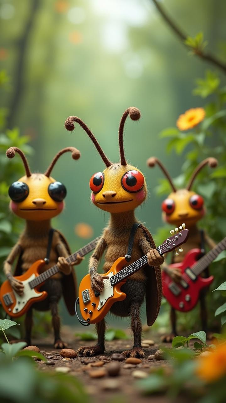 A whimsical depiction of anthropomorphic ants playing electric guitars in a forest setting, with vibrant and lively colors, a cartoonish style, and a focus on fun and creativity.