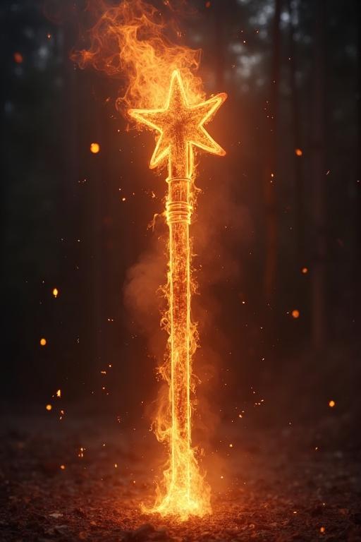 Fire element wizard staff depicted as a glowing object surrounded by flames. The scene is dark and atmospheric with the staff emerging as the main focus illuminated by fire. The staff has a star at the top and emits sparks and embers.