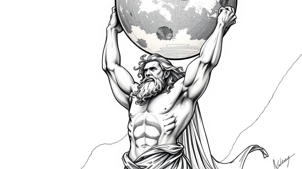 A mythical figure with a beard holds up a celestial sphere in a powerful, detailed illustration.