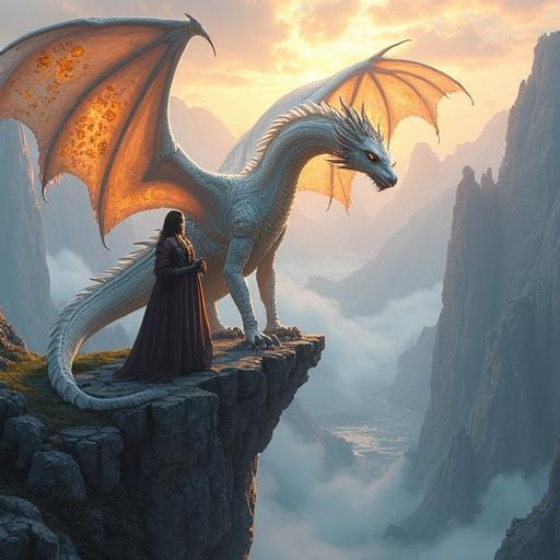 A majestic white dragon with iridescent scales sits atop a jagged cliff. Golden runes glow on its wings. A warrior in elaborate armor stands beside it, overlooking a misty valley at dawn. The scene combines magical energy with dramatic mountains in the background. The atmosphere feels both serene and powerful. The armor of the warrior flows elegantly. The dragon stands with intricate detail and grand presence. Warm and cool tones create depth in the illustration.