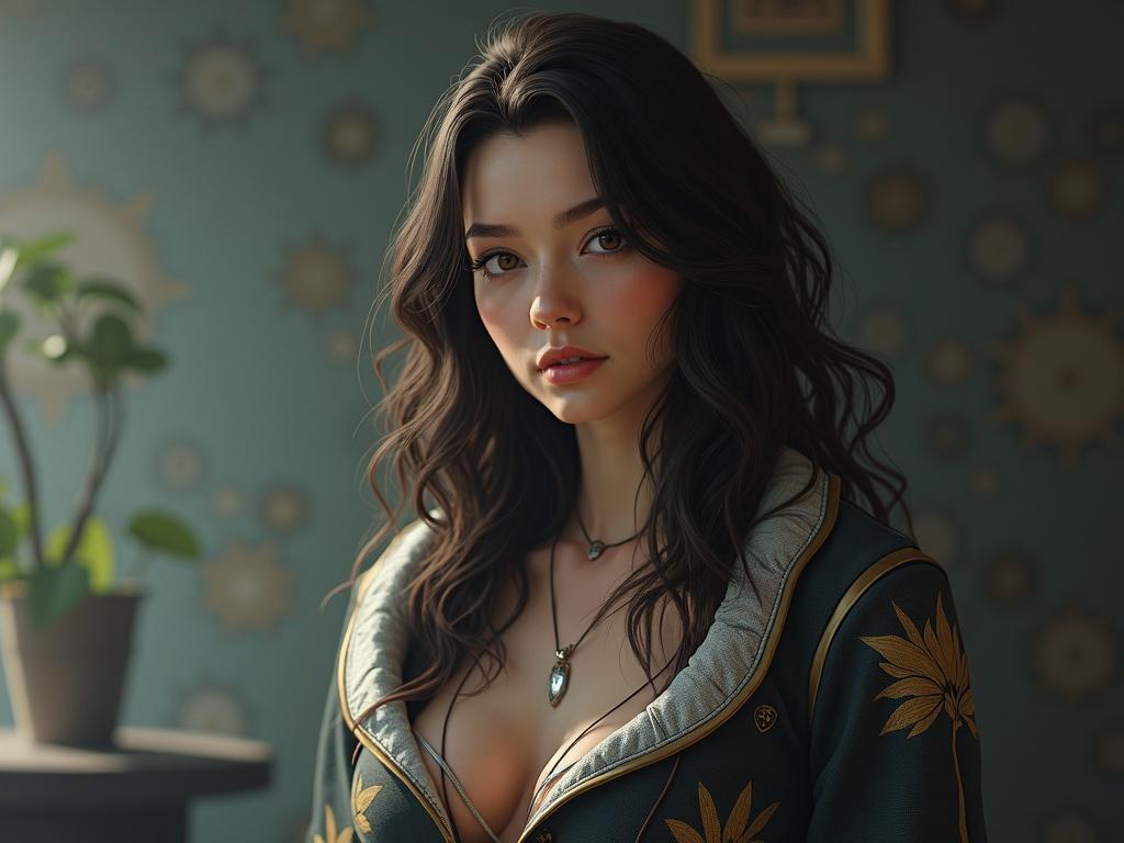 Generate a hyper realistic image of a woman with long hair dressed in expedition attire in a warm setting