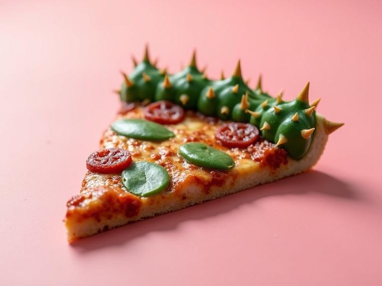 A close-up of a slice of pizza transformed into cactus with spikes. The crust and base are dark green with a glossy look. Spines emerge from the surface and contrast with cheese and toppings. The slice sits on a light pink backdrop. Captured in high resolution.