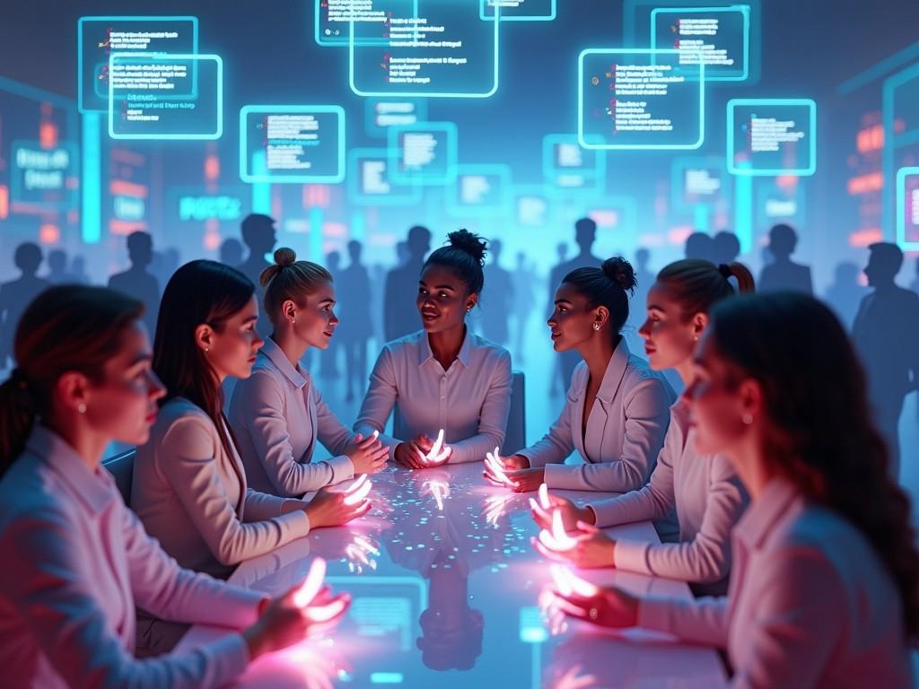 The image depicts a group of seven women engaged in a futuristic meeting. They are seated around a circular table, each holding glowing elements in their hands. The setting features digital screens with glowing texts and holographic data in the background. The overall tone is modern and innovative, highlighting themes of technology and teamwork. The women are dressed in professional attire and appear focused and engaged in a collaborative discussion.