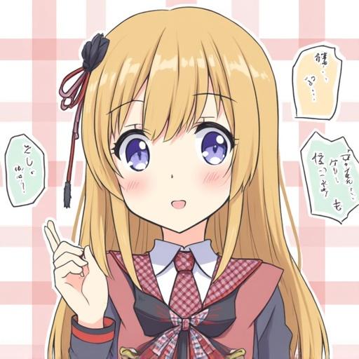 Character from ウマ娘 with blonde hair and a school uniform. She has a playful expression and is holding a finger up as if to say something. Background has a checkered pattern.