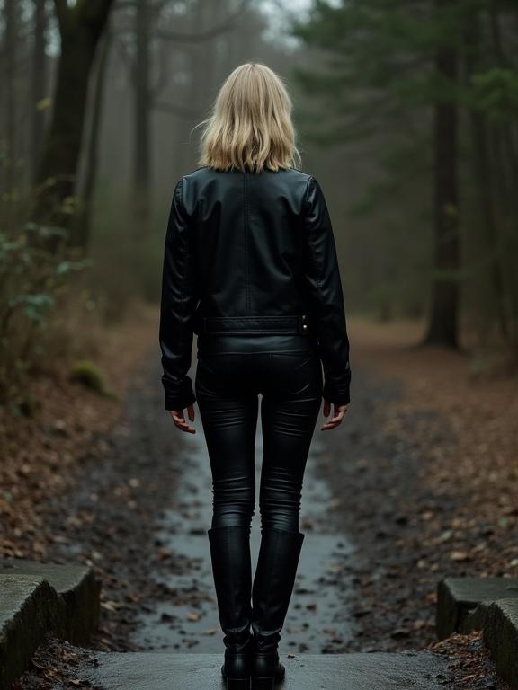 A woman stands on a stone step in a woodland area. Shoulder-length blonde hair is visible. She wears a black leather jacket and black leather pants with tall black leather boots. The focus is on her back as she faces away from the camera. The atmosphere is moody with dark trees and a damp path in the background. Natural lighting creates a subdued tone. Composition highlights her figure and the surroundings.