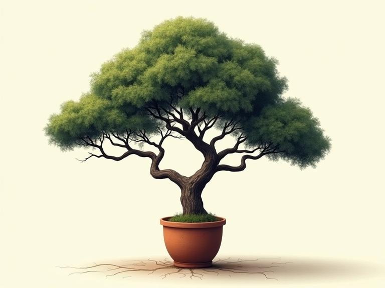 Highly detailed illustration of a miniature tree with an asymmetric wide spreading shape. Gnarled branches extending from a simple clay pot. High contrast strong lighting with a very simple background.