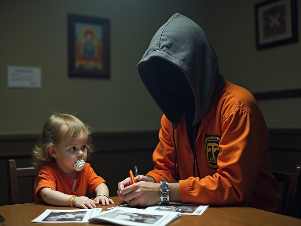 Hooded man in FBI uniform sits with a child. Child has a pacifier and handcuffs on. Mother shows photos on the table. Child appears to be confessing. Mother offers a toy as a bribe. Mother writes confession. Cage nearby with a sister locked in.