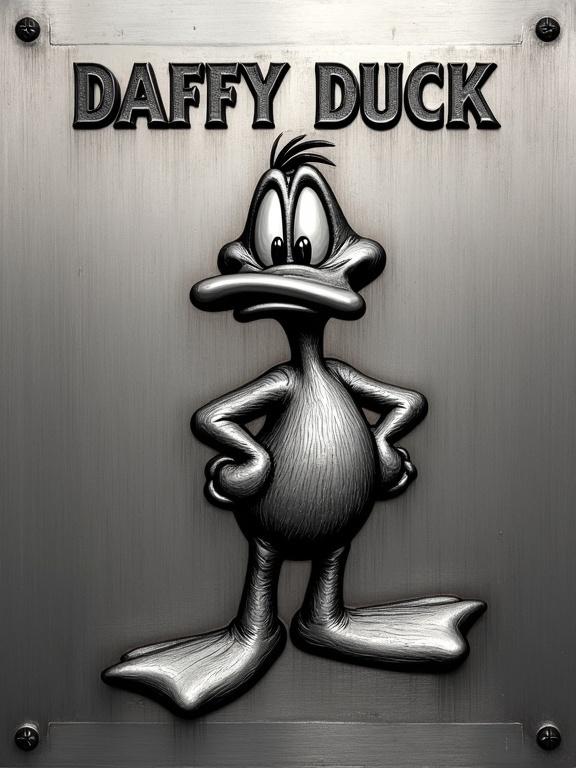 Detailed high-relief engraving on polished steel plate showcasing Daffy Duck in a smug pose. Intricate textures highlight feathers. Daffy stands centrally, angled slightly to the right. Gleam on beak and eyes. 'DAFFY DUCK' boldly engraved above. Framed by riveted steel border against smooth steel background with reflections.