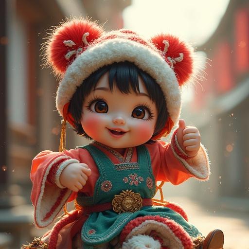 A young child in a colorful Chinese traditional outfit smiles happily while seated. The background features a soft, blurred scenery.