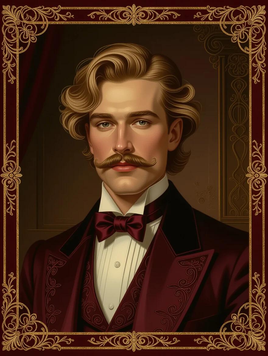 Oil portrait of a handsome Russian man with wavy blonde hair and curled moustache. Modern formalwear in burgundy tones. Dimly lit setting in a mansion room. Ornate art nouveau border surrounding the portrait.