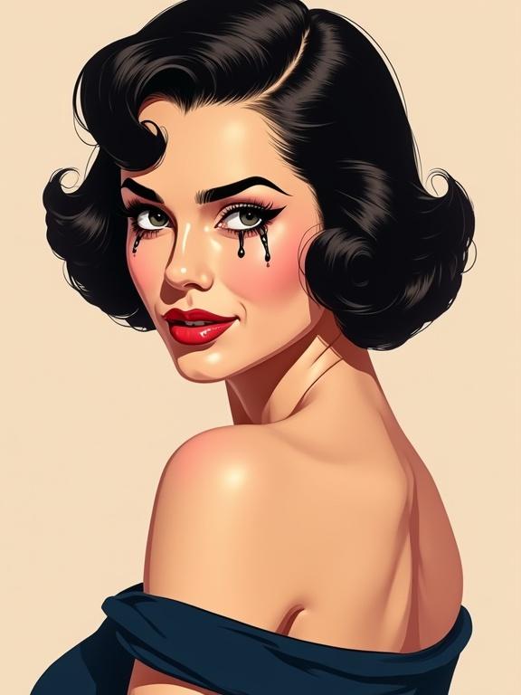Stunning illustration of glamorous woman in retro 1950s style. Short dark hair in bob-line. Wearing off-shoulder vintage dress. Eyeliner smudged from crying with black tear streaks. Expression is calm and defiant. Looks directly at viewer with shy look and little smile. Full head and hairstyle visible. Composition centered and framed from above head to below bust. Color palette includes muted pinks, deep navy, and golden tones. Bold stylized lighting adds cinematic drama. Transparent background and high-resolution.