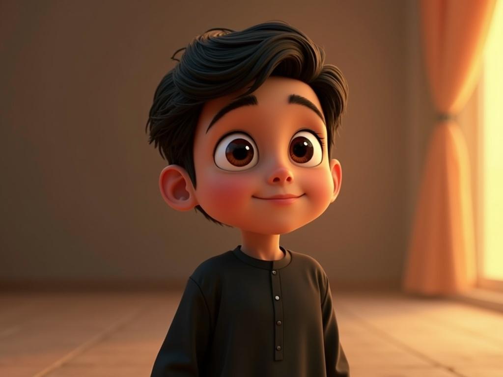 A young boy with warm skin and black hair. Round face, large eyes. He wears a black thobe. His expressions show curiosity and reflection. Focused on listening to stories. Created in a Disney-like animated style.