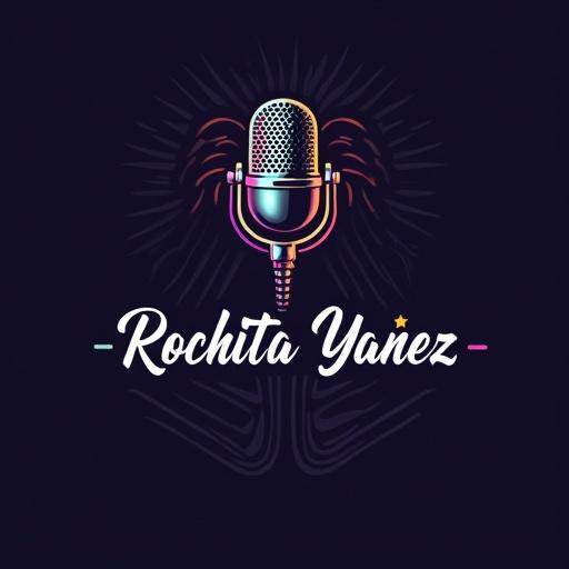 Logo design featuring a modern audio mixer background with a vibrant gradient effect. Main feature is a large, eye-catching classic microphone. Mic cable elegantly forms part of the name 'Rochita Yañez'. Name in beautiful, professional cursive font with bright colors like fuchsia, turquoise, gold or neon. Style is modern with a retro radial touch.
