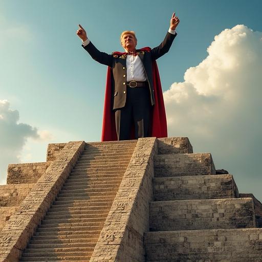 Depict Donald Trump in a triumphant stance on an Aztec pyramid. He wears Conquistador attire. The scene captures a blend of historical and political themes. Focus on the grandeur and symbolism of power.