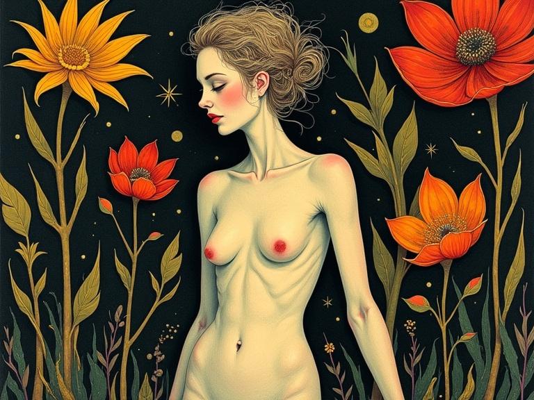 Nude woman body closeup. Art influenced by Andy Kehoe, Benjamin Lacombe, and Catherine Hyde. Art brut style. Detailed and intricate design. Bright and delicate colors with floral elements.