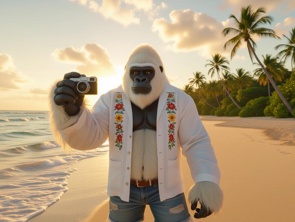 Large white gorilla named Tziib Pakal takes a selfie on a tranquil beach. He wears a white guayabera adorned with colorful floral embroidery and denim shorts. The beach has palm trees and gentle waves under warm sunset light. Image appears in vibrant Pixar 3D animation style.