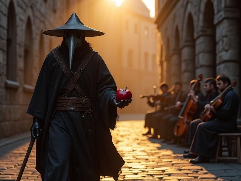 A medieval plague doctor walks down a dimly lit, eerie street during sunset. Wearing a long black robe and mask with beak, holding a wooden staff and a red apple. The setting features gothic stone buildings, warm golden light, and a string octet playing melancholic music on the side.
