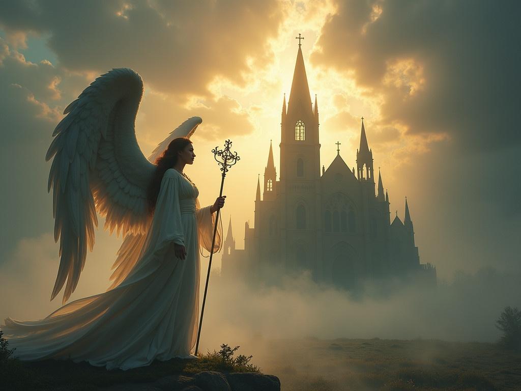 The scene features a grand, gothic-style church with pointed spires reaching into a dramatic sky. The sky is filled with swirling colors of orange, dark blue, and grey, suggesting a turbulent atmosphere. Shafts of light break through the clouds, illuminating the church and casting a celestial glow. In the foreground, a majestic angel stands with serene poise, holding a staff in one hand. The angel has large, feathery wings and is draped in a flowing robe that blends with the surreal landscape. The ground is misty, adding to the mystical ambiance of the setting. Overall, the image evokes a sense of reverence and otherworldliness.