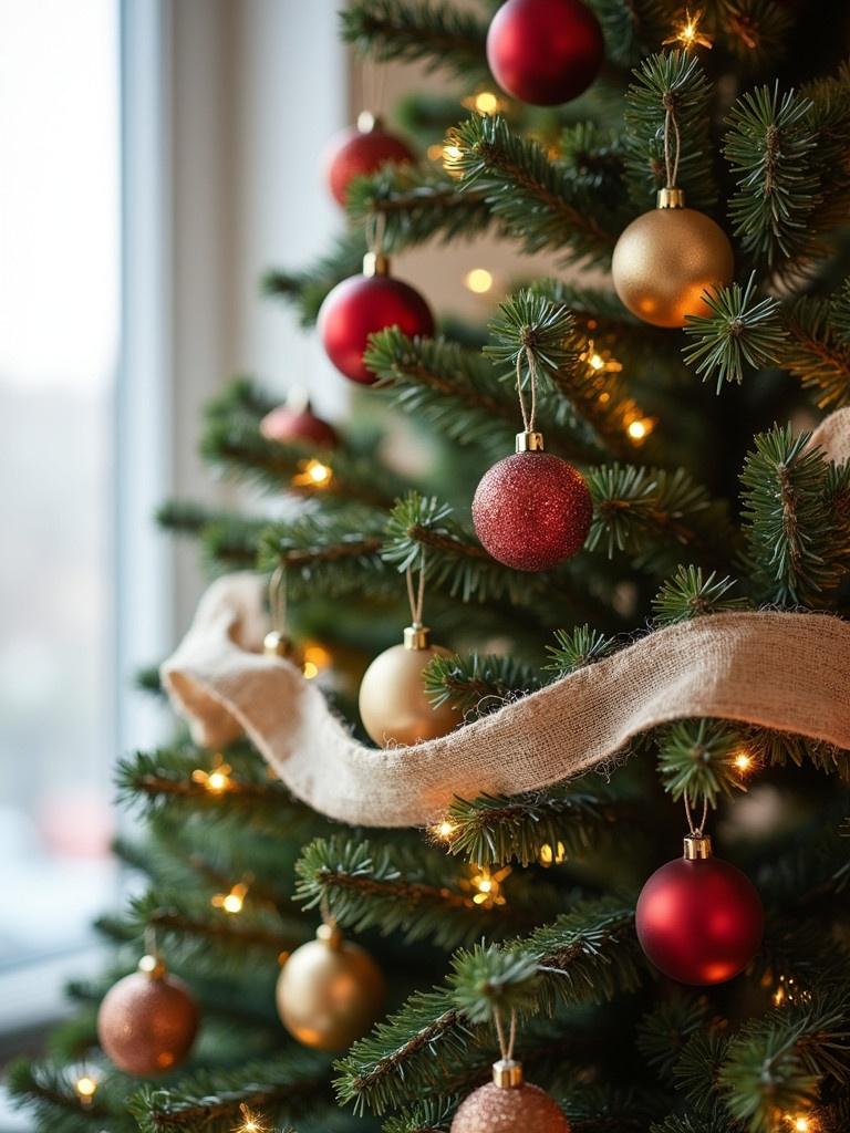 Close-up view of a decorated Christmas tree with ornaments. Soft lighting enhances festive atmosphere. Burlap ribbon wraps around the tree. Focus on colorful baubles and natural greenery.