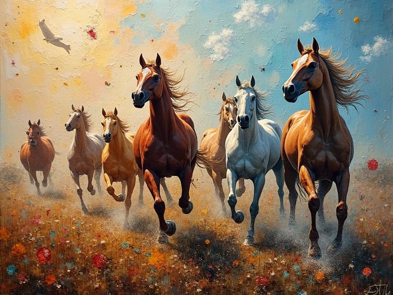 A vibrant image features horses galloping through a serene landscape. Scene rendered with intricate details. Blend of art nouveau and futuristic styles. Horse bodies show a variety of colors. Background features a bright sky with clouds. Floral elements scatter throughout. Incorporates a sense of depth and texture. Evokes feelings of freedom and vitality.