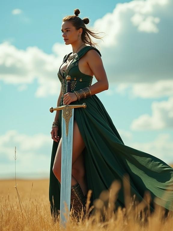 Powerful warrior in an epic pose stands tall. The warrior wears a dark green dress highlighting muscular legs. Long plume flutters in the wind. Massive sword with gold decoration held upright. Gaze directed into the distance. Shot from a low angle to emphasize the silhouette and depth of space. Natural sunny lighting highlights contrasts on body and sword blade.