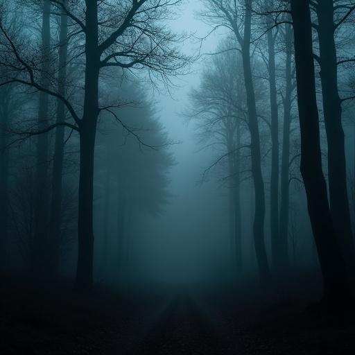 Misty forest scene with thick fog obscuring visibility. Tall trees surround a path leading into the darkness. Shadows loom as the fog creeps through the forest.