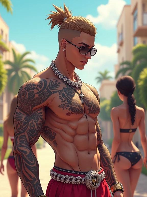 Anime style young man with spiky light brown hair. He wears diamond encrusted jewelry with a muscular body and numerous tattoos. He is in a tropical setting during summer. The scene depicts a hip hop music video atmosphere.