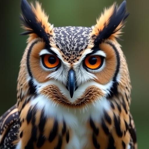 Close-up portrait photograph of owl's face. Focus on piercing eyes. Intricate feather patterns. Soft bokeh background of forest greens or muted browns. Natural, soft light. Powerful and captivating mood.