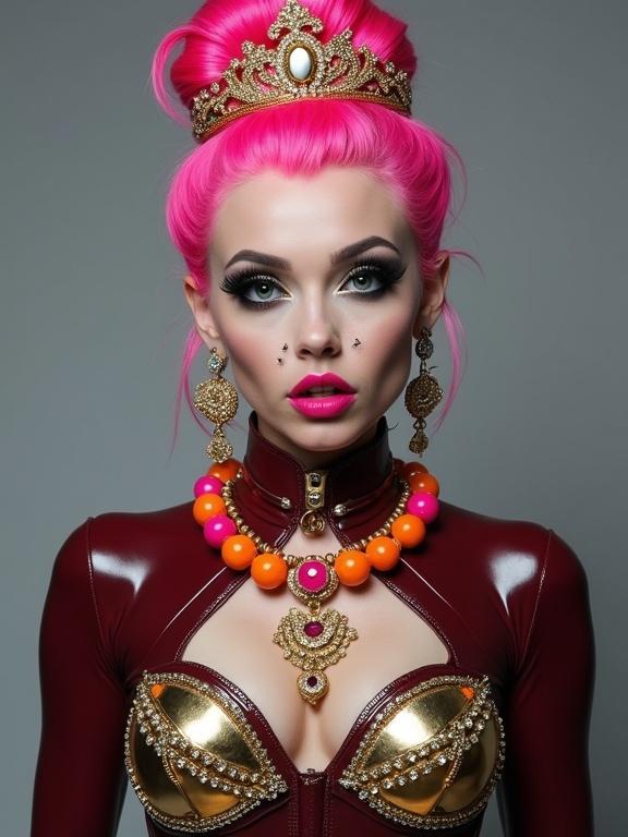 A crossdresser with bright pink hair poses. Wears a gold tiara and jewel adornments. Displays multiple facial piercings. Makeup features exaggerated black eyelashes and bright pink lipstick. Dressed in a maroon latex bodysuit with golden breastplates. Jewelry includes chunky beaded necklaces and bright earrings. Features showcase unconventional beauty. Background is smooth and gray.