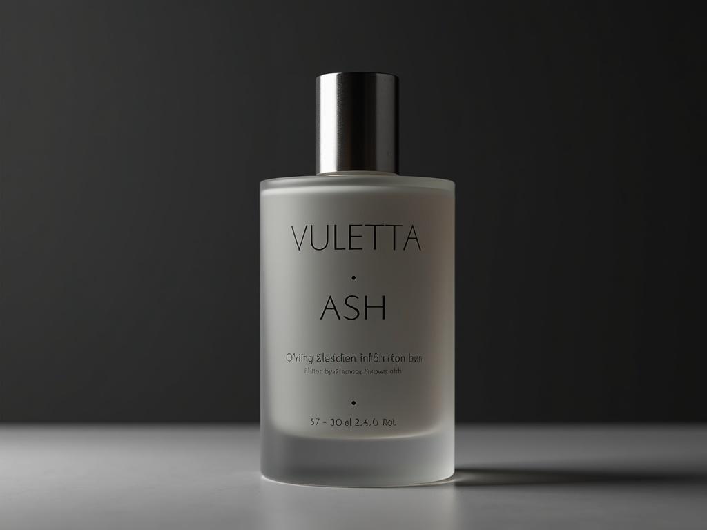 Niche luxury perfume bottle design with frosted stone-gray glass. Features ‘VULETTA’ in modern minimalist font at top in muted pewter. Below, ‘ASH’ in uppercase. O’Háodha Collection by Aaron Terence Hughes in soft slate-gray. Brushed pewter cap on top. Studio background of simple matte charcoal with soft overhead glow.