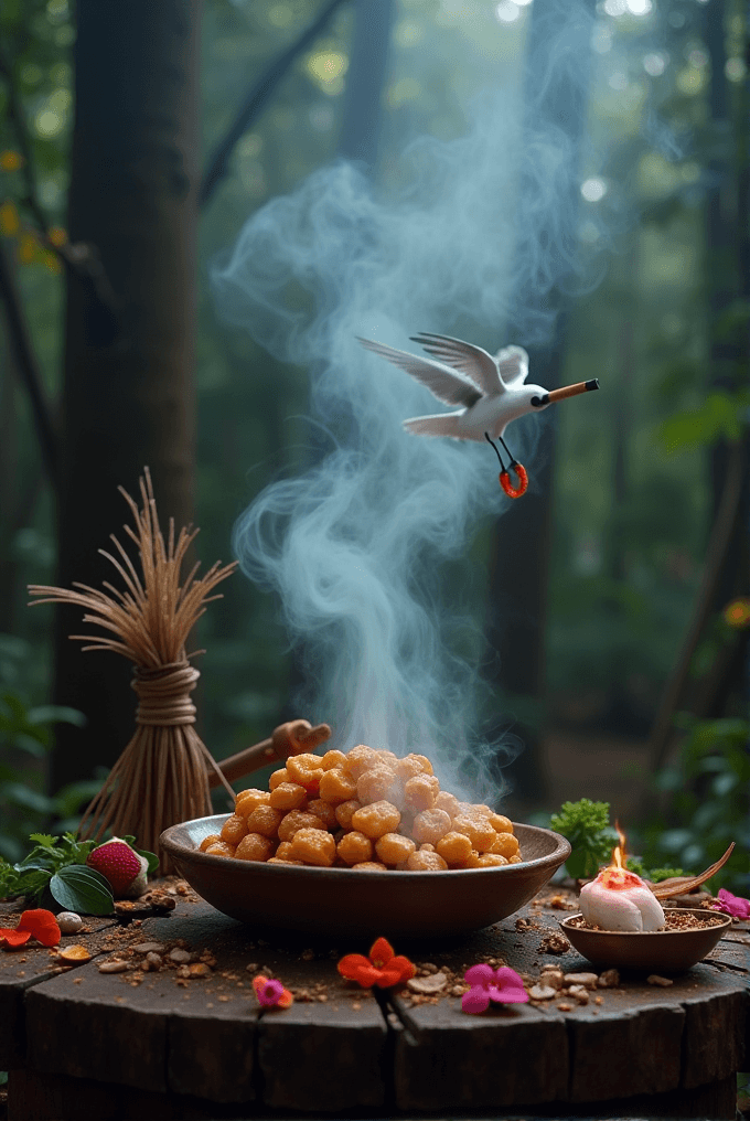 A steaming bowl of golden pastries amidst a forest setting, with a bird carrying a ring flying nearby.