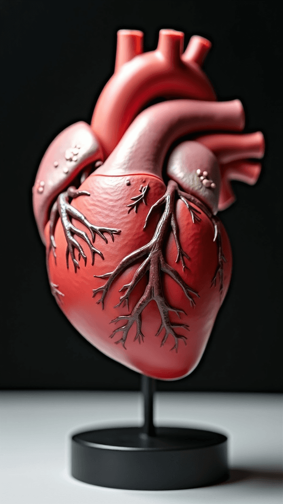 A detailed model of a human heart on a black stand against a dark background.