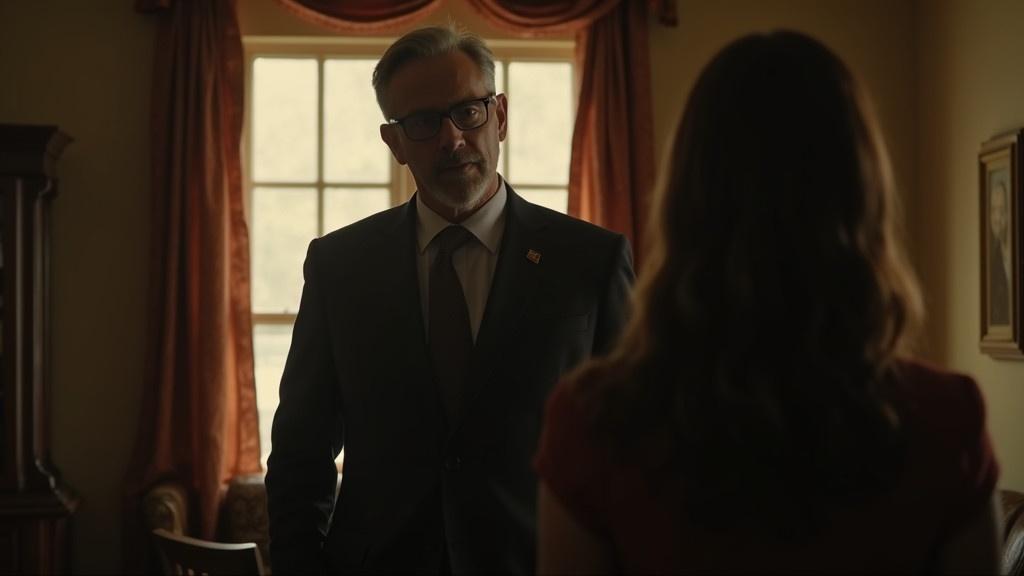 Mark is in a room with a knife. He is silhouetted against the soft lighting of the living room. Mr. Carter is in his 50s and is wearing glasses. He stands protectively in front of Sara.