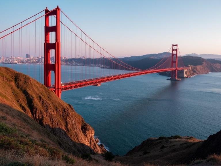 Scenic view of Golden Gate Bridge at sunset. Bridge is red with soft lighting. Surrounded by hills and ocean. Sky is warm with gentle colors.