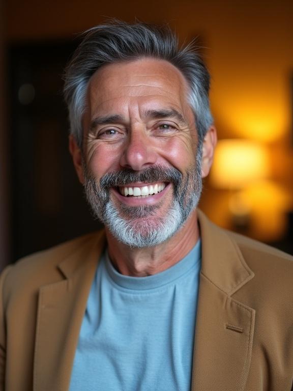 Middle-aged man with gray hair and beard smiles in an indoor setting. He wears a light blue t-shirt and a tan blazer. The background is blurred with warm lighting from a lamp. The mood is friendly and inviting.