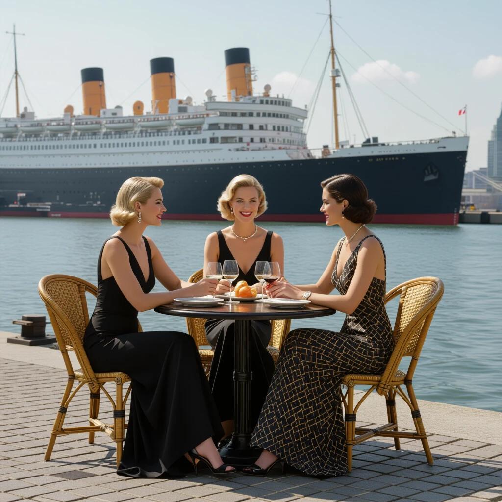 Three elegantly dressed women in Art Deco style by the ocean. They sit at a round ebony table. Background shows the SS Normandie, showcasing luxury and sophistication.